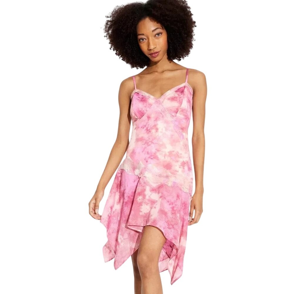 Wild Fable Pink Tie Dye Lace Trim Cami Asymmetrical Hem Slip Dress Size XS
